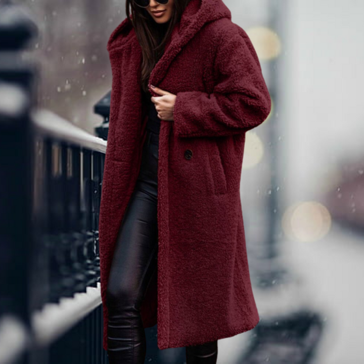 Stylish Women's Faux Fur Coat with Hood - Vivienne-Wine Red-S-State of Style