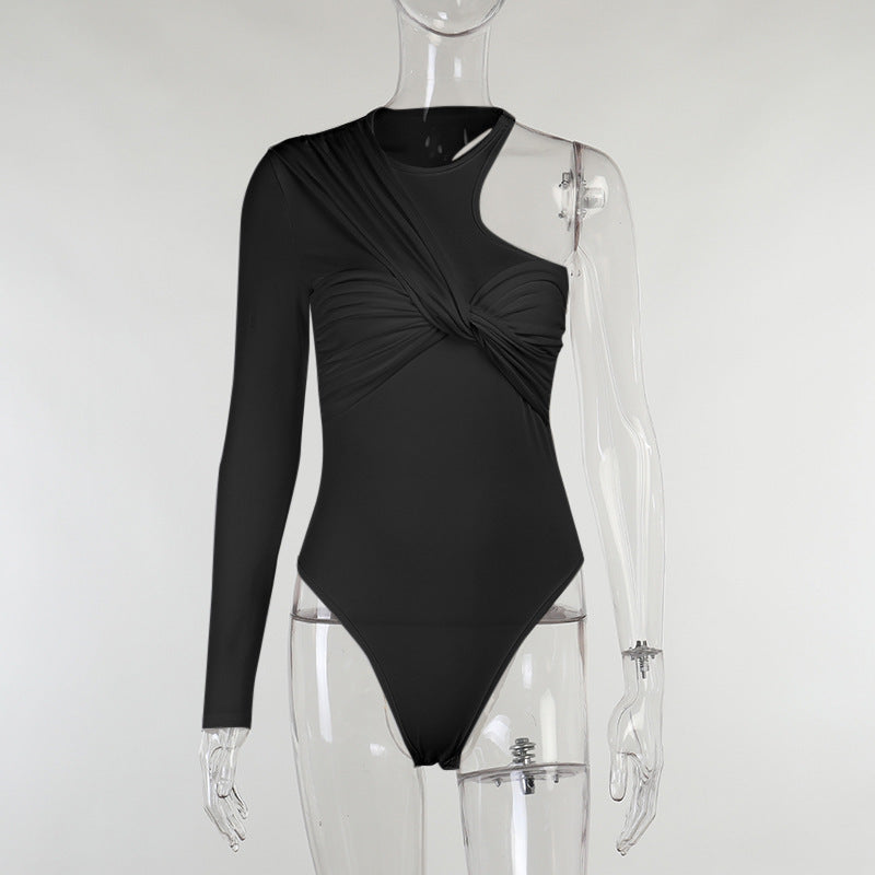Stylish women's long-sleeve bodysuit with drape effect & figure-hugging cut – Mira-Black-M-State of Style