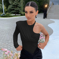 Stylish women's long-sleeve bodysuit with drape effect & figure-hugging cut – Mira-White-M-State of Style