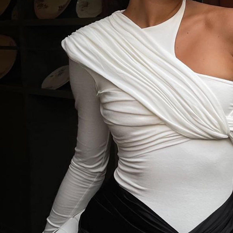 Stylish women's long-sleeve bodysuit with drape effect & figure-hugging cut – Mira-White-M-State of Style
