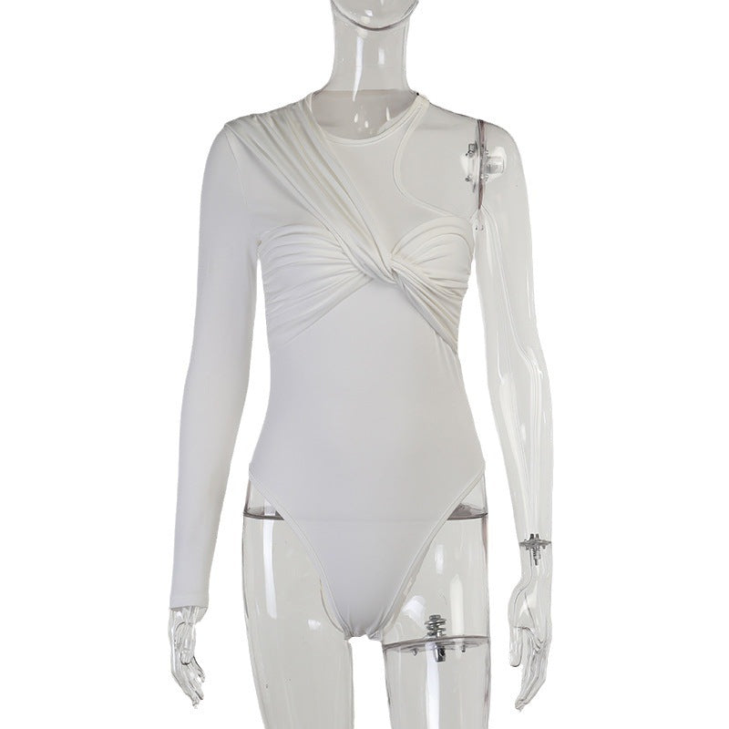 Stylish women's long-sleeve bodysuit with drape effect & figure-hugging cut – Mira-White-M-State of Style