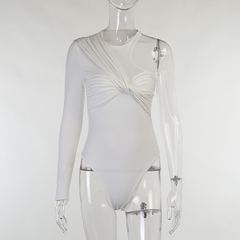 Stylish women's long-sleeve bodysuit with drape effect & figure-hugging cut – Mira-White-M-State of Style
