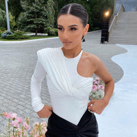 Stylish women's long-sleeve bodysuit with drape effect & figure-hugging cut – Mira-White-M-State of Style