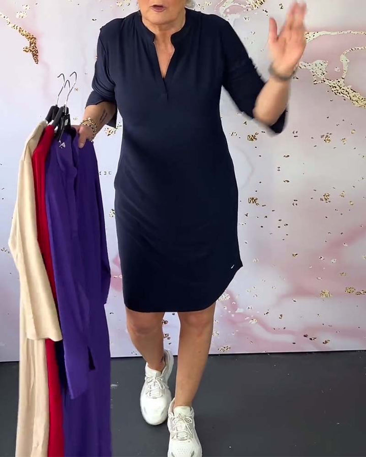 Stylish women's midi dress with V-neck and convertible sleeves – Naria-Navy blue-S-State of Style