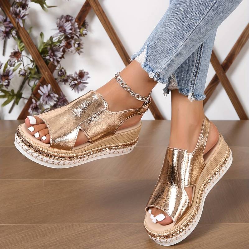Stylish women's orthopedic summer shoes with wedge heel & fringe – Tilda-3.5-Gold-State of Style