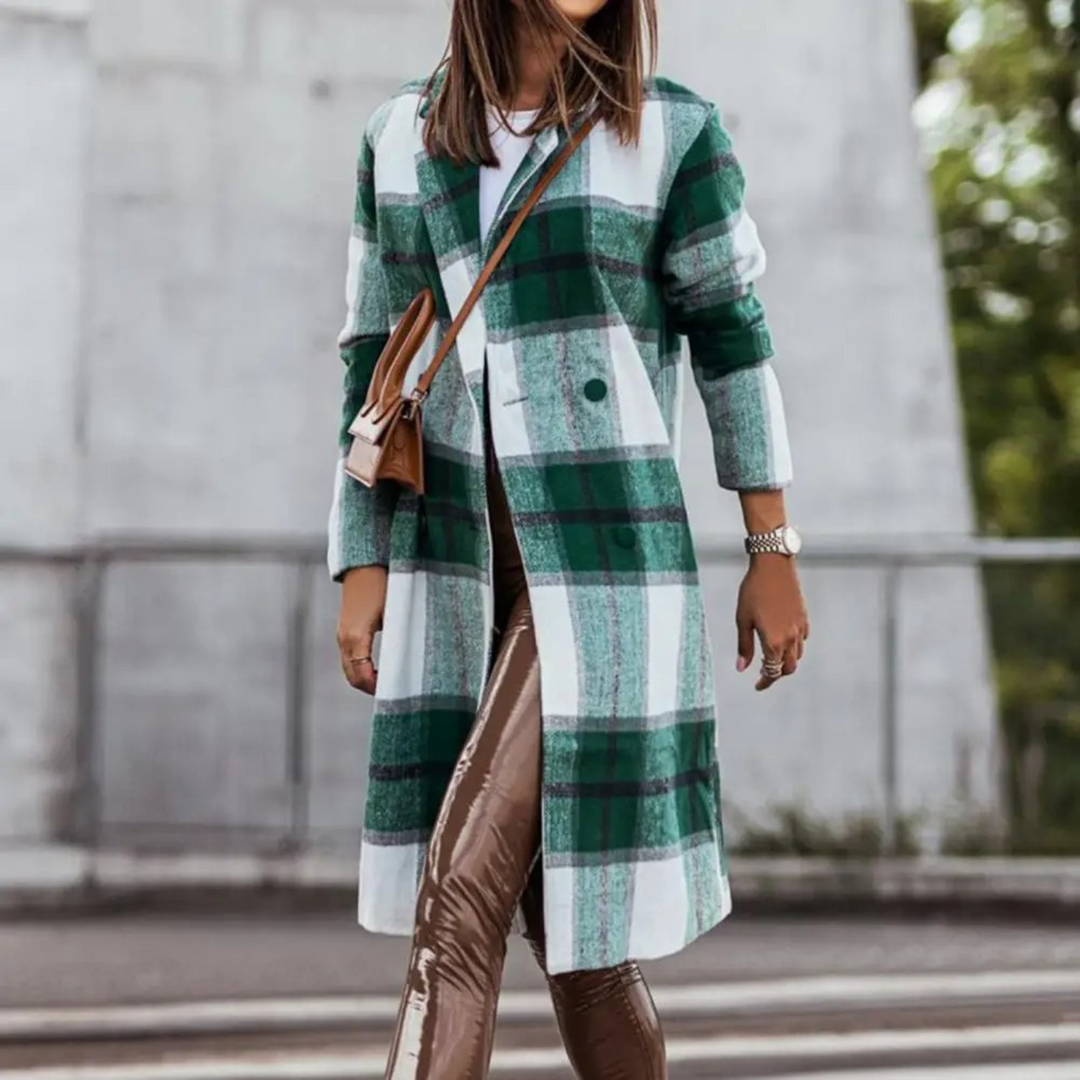 Stylish Wool Checkered Coat for Women - Margot-Green-White-S-State of Style