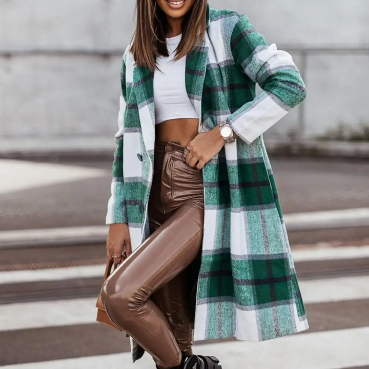 Stylish Wool Coat with Check for Women - Margot-Green and white-S-State of Style