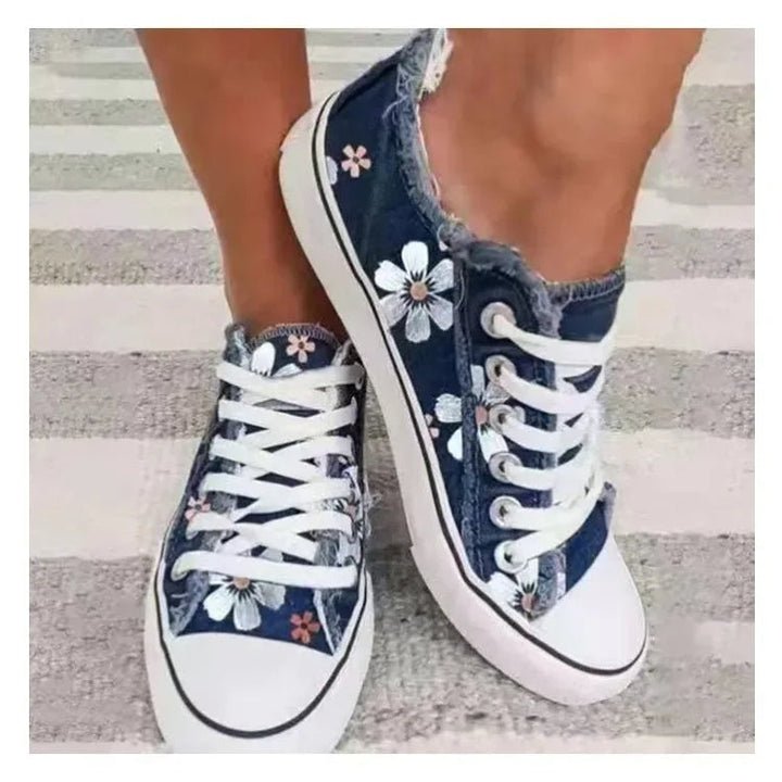 Sugarplum Sprinters Sneakers – Retro Floral Canvas Lace-Up Shoes-Dark Blue-6.0 (23.5cm)-State of Style