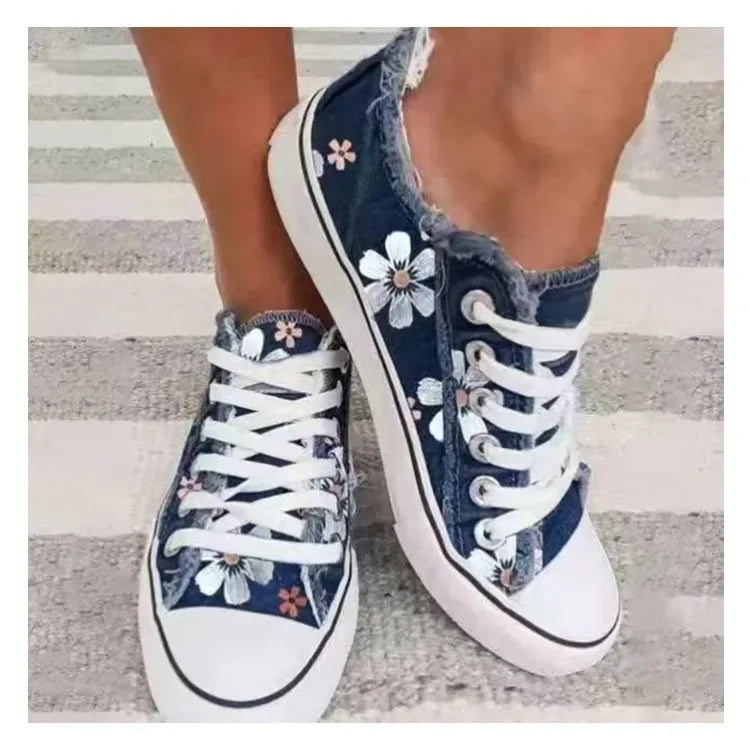 Sugarplum Sprinters Sneakers – Retro Floral Canvas Lace-Up Shoes-Dark Blue-6.0 (23.5cm)-State of Style