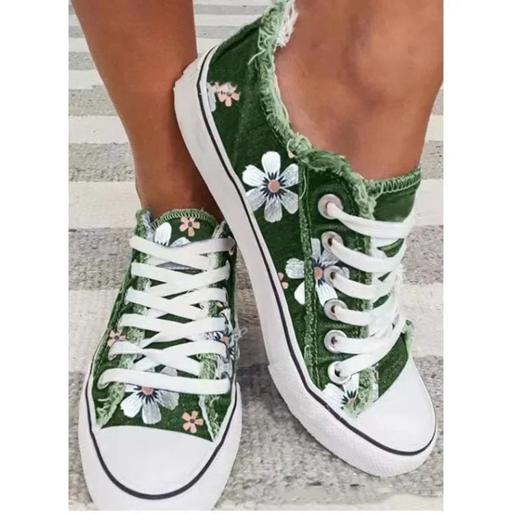 Sugarplum Sprinters Sneakers – Retro Floral Canvas Lace-Up Shoes-Green-6.0 (23.5cm)-State of Style