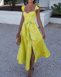 Summer Dress with Butterfly Sleeves and Print - Lina-Yellow-S-State of Style
