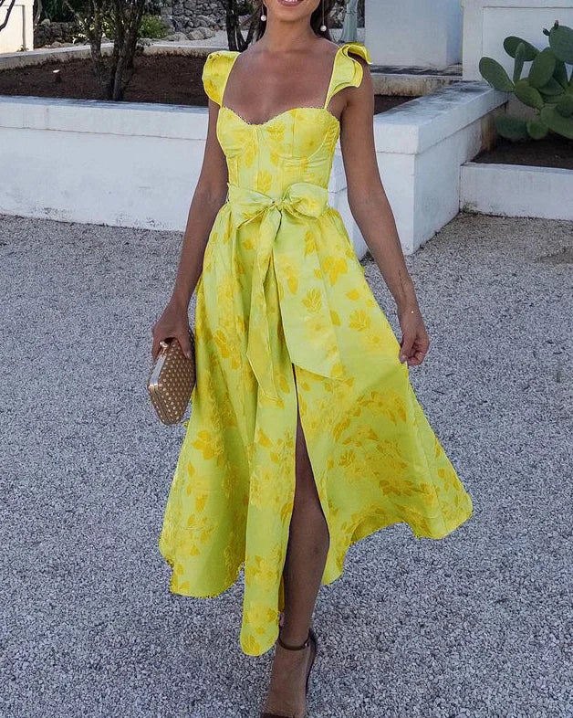 Summer Dress with Butterfly Sleeves and Print - Lina-Yellow-S-State of Style
