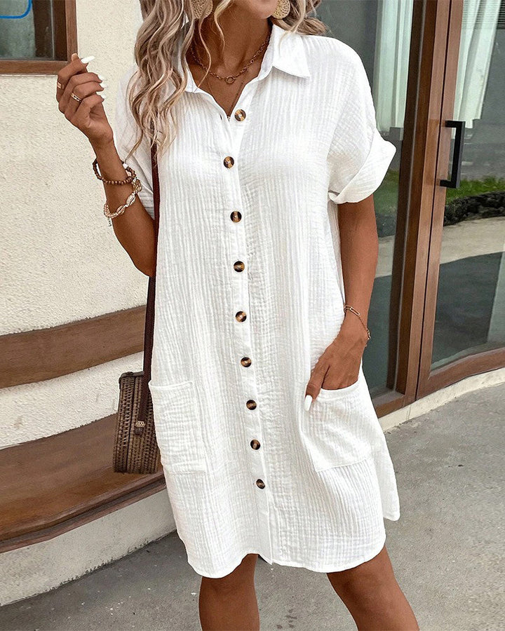 Summer dress with Button Closure and Short Sleeves – Lotte-White-S-State of Style