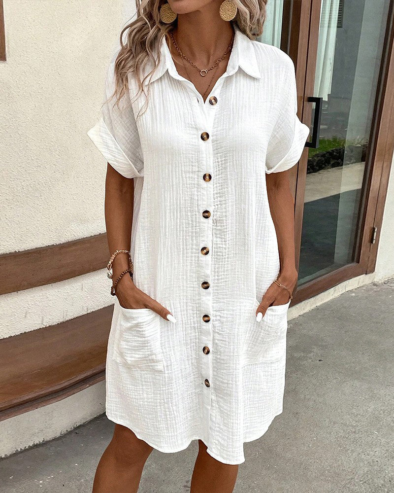 Summer dress with Button Closure and Short Sleeves – Lotte-White-S-State of Style