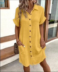 Summer dress with Button Closure and Short Sleeves – Lotte-Yellow-S-State of Style