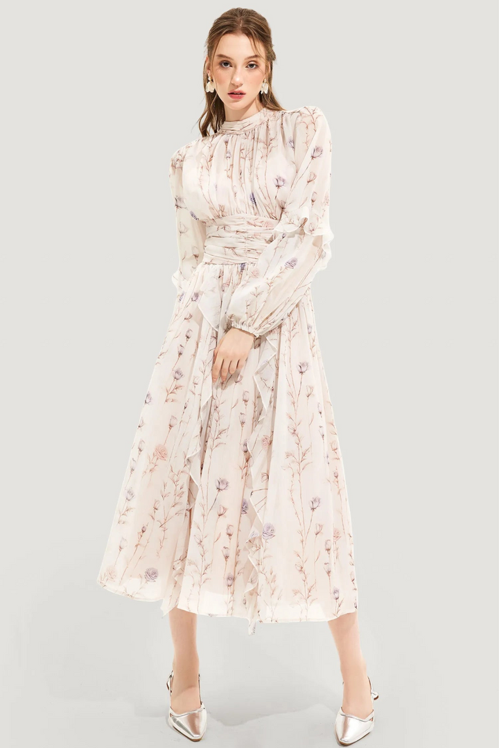 Summer dress with floral pattern and pleated skirt – Alina-Beige-S-State of Style