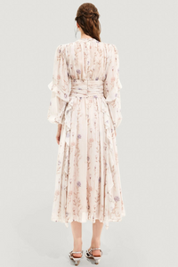 Summer dress with floral pattern and pleated skirt – Alina-Beige-S-State of Style