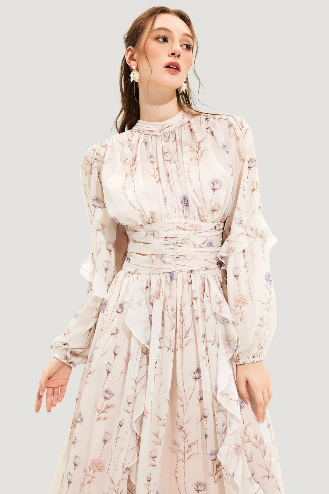 Summer dress with floral pattern and pleated skirt – Alina-Beige-S-State of Style