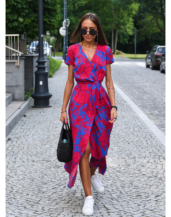 Summer dress with floral pattern - Noëlle-Red/Blue-S-State of Style