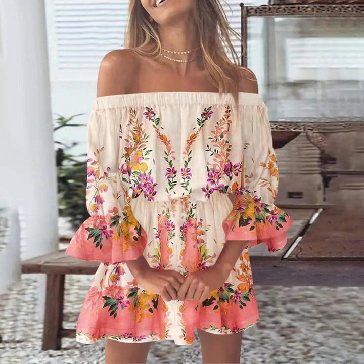 Summer dress with floral print and flared sleeves – Mireille-Pink-S-State of Style