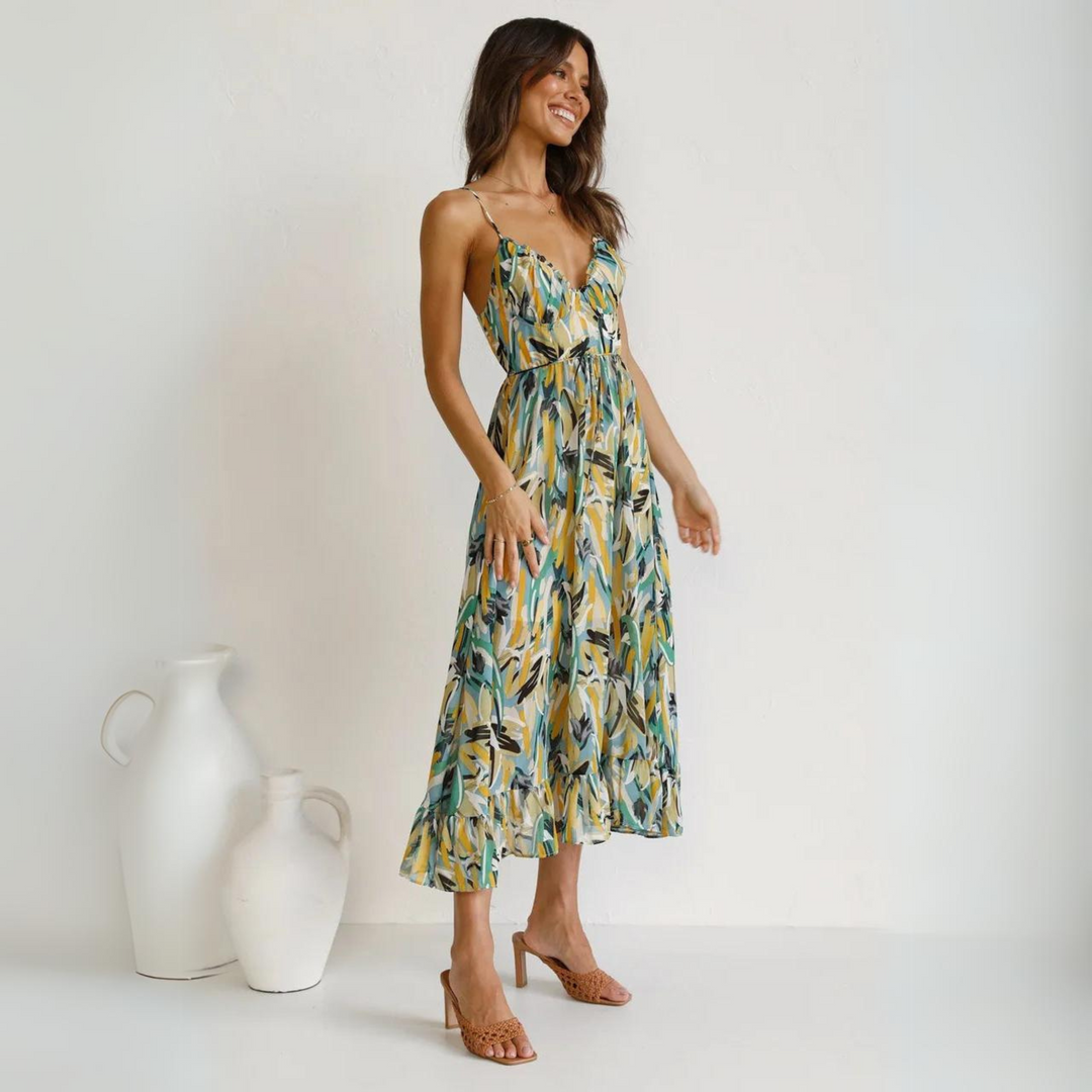 Summer dress with print and backless design – Elora-Yellow-S-State of Style