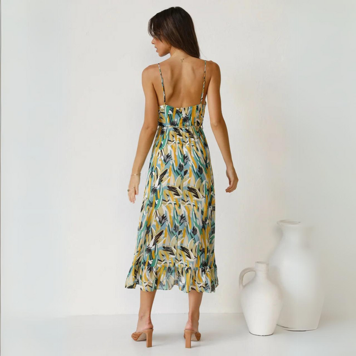 Summer dress with print and backless design – Elora-Yellow-S-State of Style