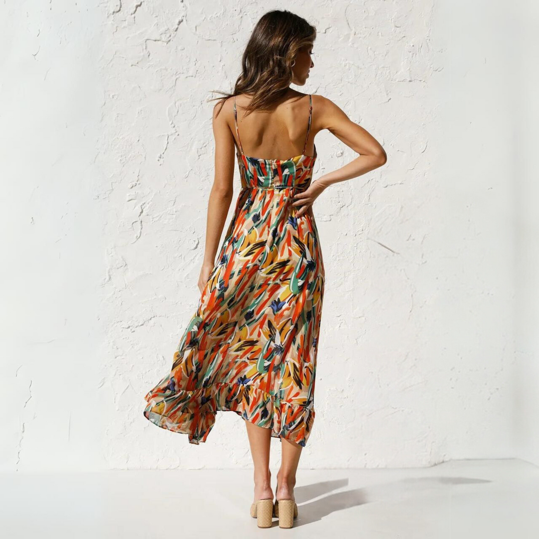 Summer dress with print and backless design – Elora-Yellow-S-State of Style