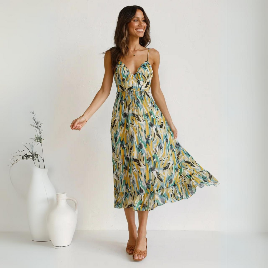 Summer dress with print and backless design – Elora-Yellow-S-State of Style