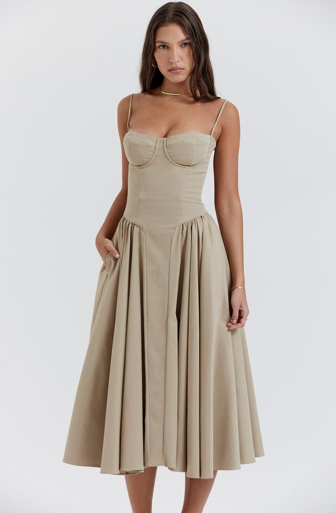 Summer dress with Sweetheart Neckline – Elvira-Taupe-S-State of Style