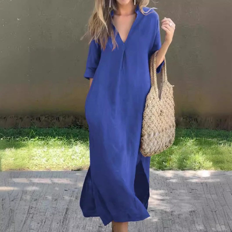 Summer dress with V-neck and thigh split – Soraya-Blue-S-State of Style