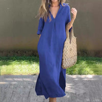 Summer dress with V-neck and thigh split – Soraya-Blue-S-State of Style
