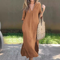 Summer dress with V-neck and thigh split – Soraya-Khaki-S-State of Style