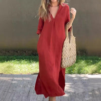 Summer dress with V-neck and thigh split – Soraya-Red-S-State of Style