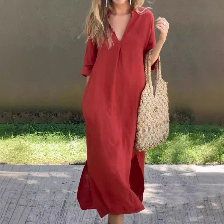 Summer dress with V-neck and thigh split – Soraya-Red-S-State of Style