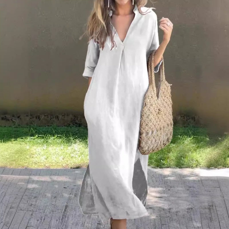 Summer dress with V-neck and thigh split – Soraya-White-S-State of Style