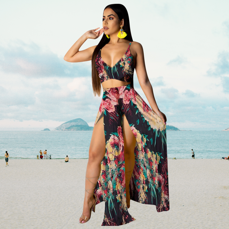 Summer Set with Halter Top and Long Skirt with Split – Naïma-Black-S-State of Style