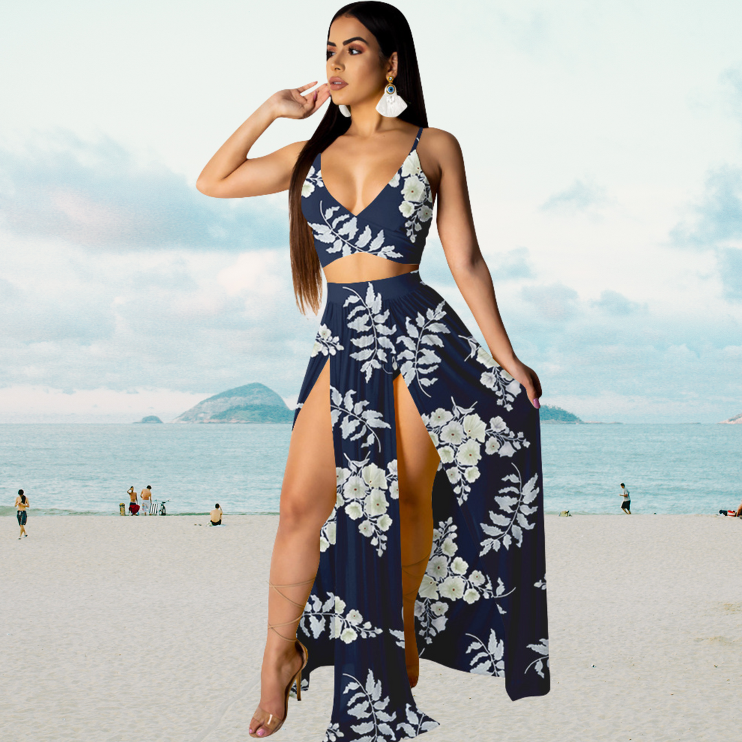 Summer Set with Halter Top and Long Skirt with Split – Naïma-Blue White-S-State of Style