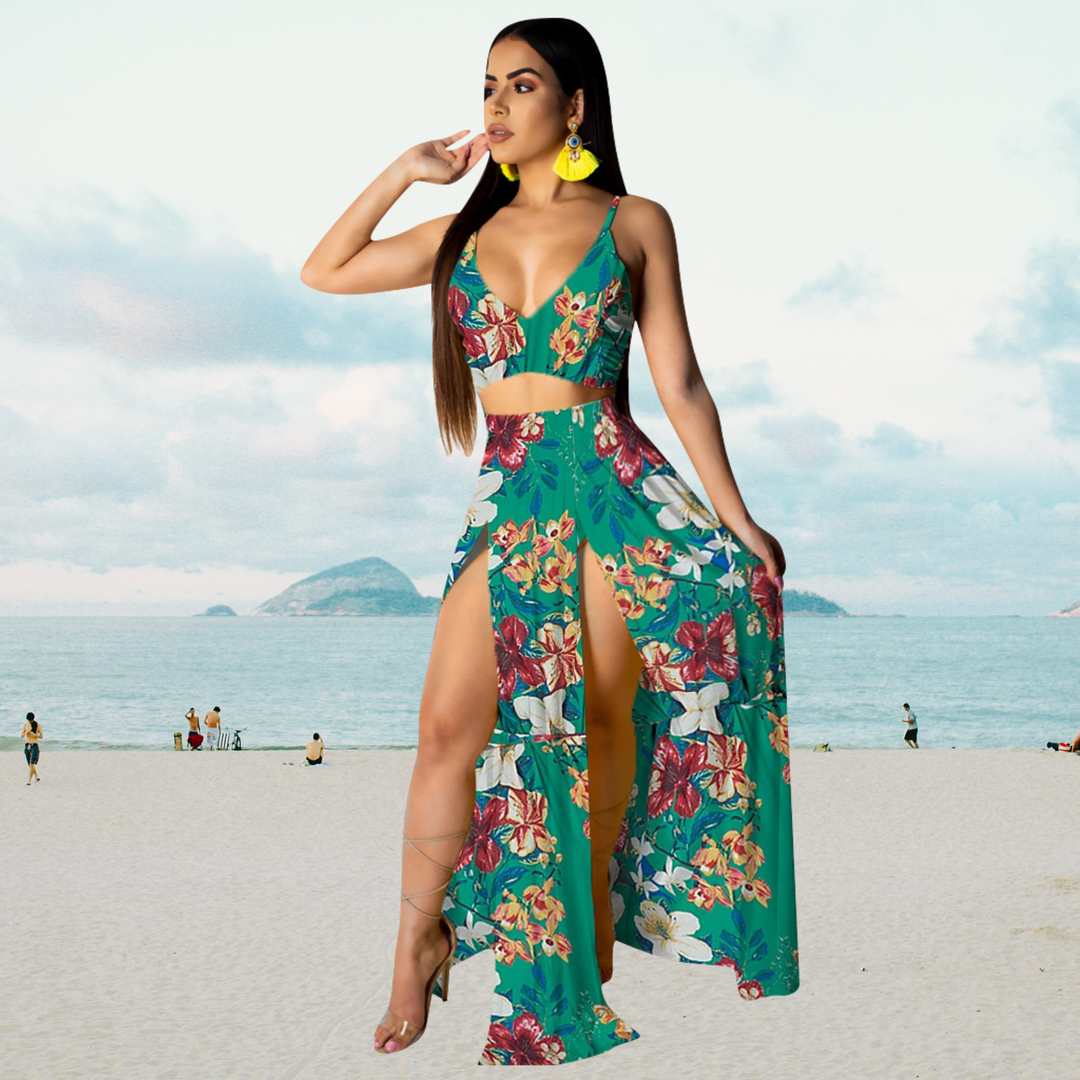 Summer Set with Halter Top and Long Skirt with Split – Naïma-Green-S-State of Style