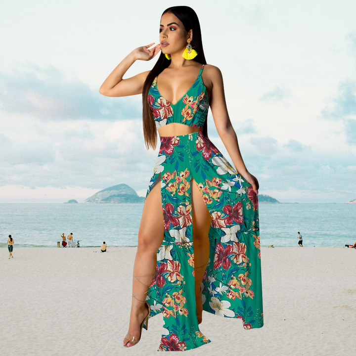 Summer Set with Halter Top and Long Skirt with Split – Naïma-Green-S-State of Style