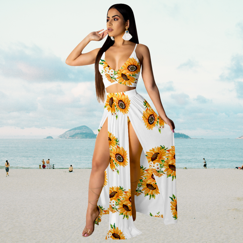 Summer Set with Halter Top and Long Skirt with Split – Naïma-Yellow White-S-State of Style