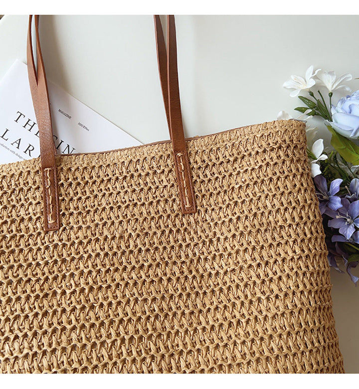 SummerBreeze Tote - Woven Rattan Bag with Leather Straps-Brown-State of Style