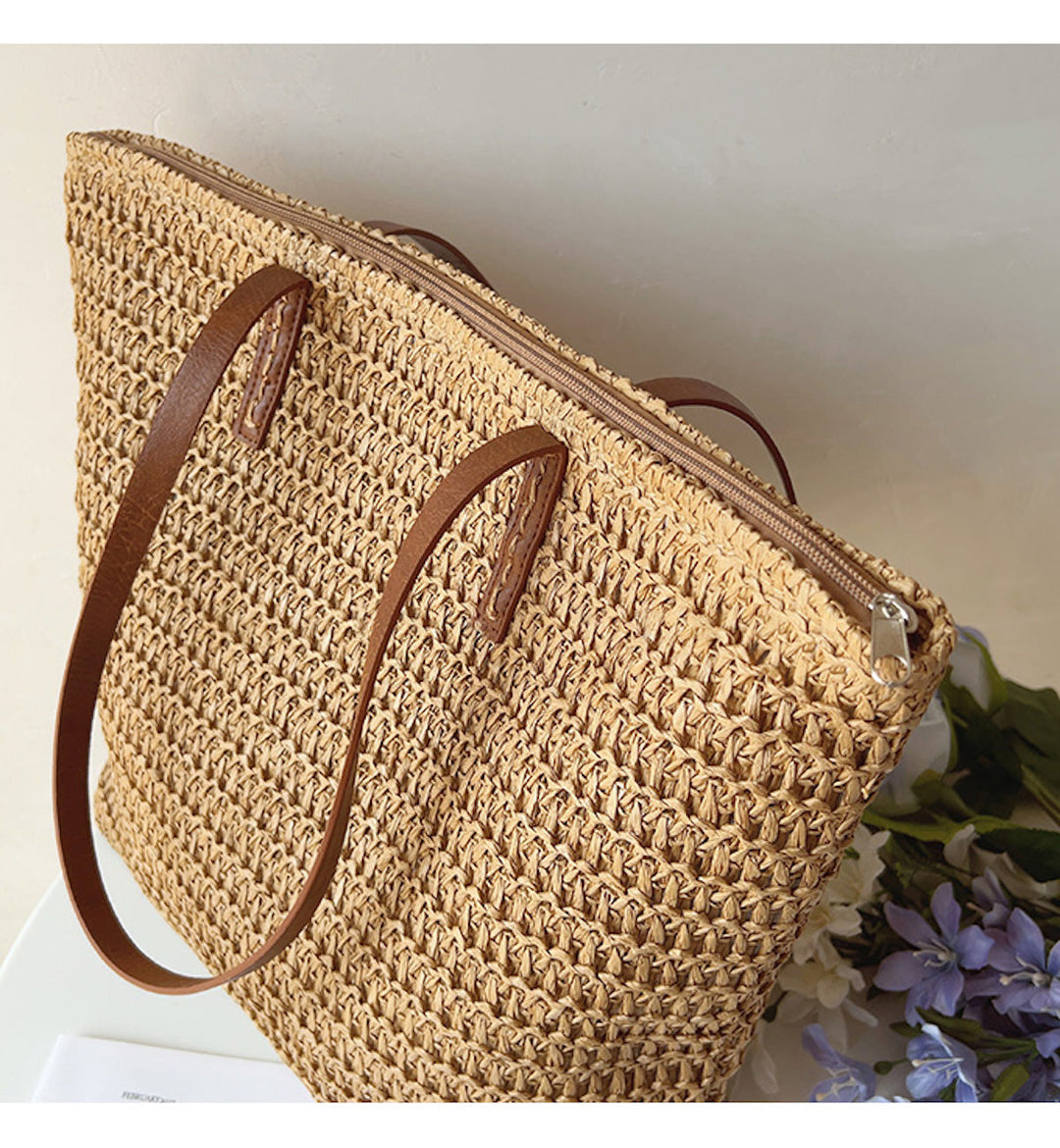 SummerBreeze Tote - Woven Rattan Bag with Leather Straps-Brown-State of Style
