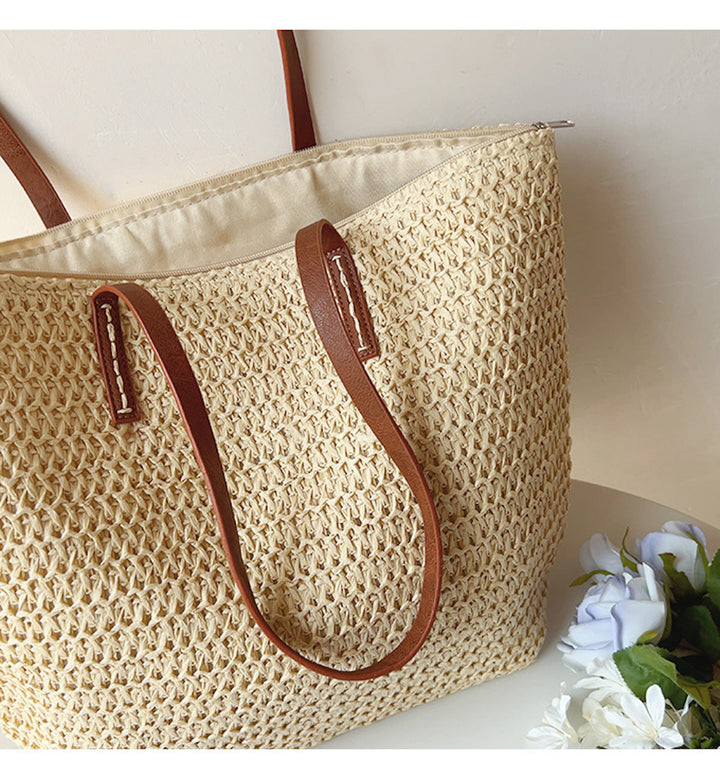 SummerBreeze Tote - Woven Rattan Bag with Leather Straps-Brown-State of Style