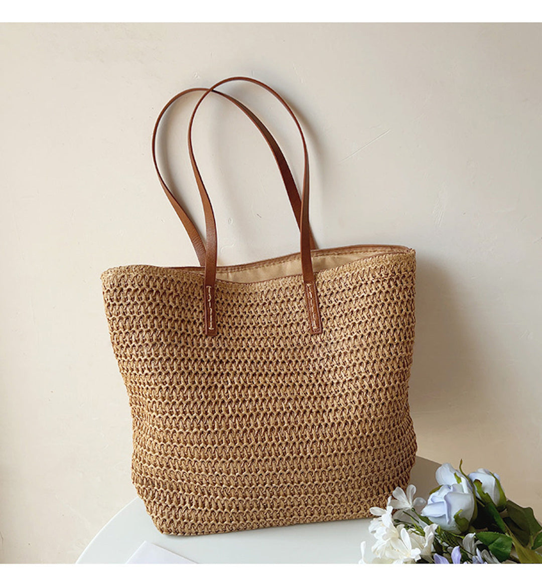 SummerBreeze Tote - Woven Rattan Bag with Leather Straps-Brown-State of Style