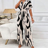 Summery print jumpsuit with V-neck – Noemi-White Black-S-State of Style