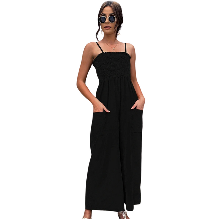 Summery women's jumpsuit with spaghetti straps in vintage style - RetroLuft-Black-S-State of Style