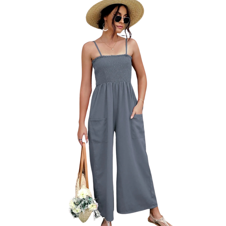 Summery women's jumpsuit with spaghetti straps in vintage style - RetroLuft-Gray-S-State of Style