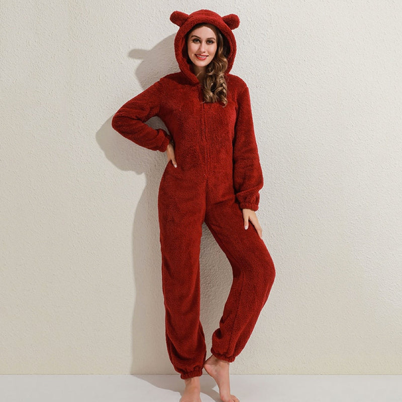 Super Soft Fleece Onesie with Bear Ears - BearHug-Bordeaux Red-S-State of Style