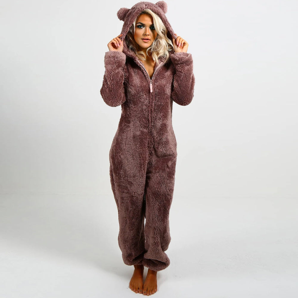 Super Soft Fleece Onesie with Bear Ears - BearHug-Brown-S-State of Style
