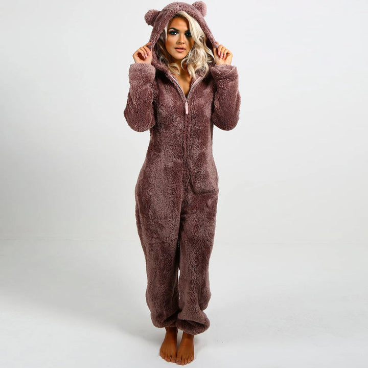 Super Soft Fleece Onesie with Bear Ears - BearHug-Brown-S-State of Style